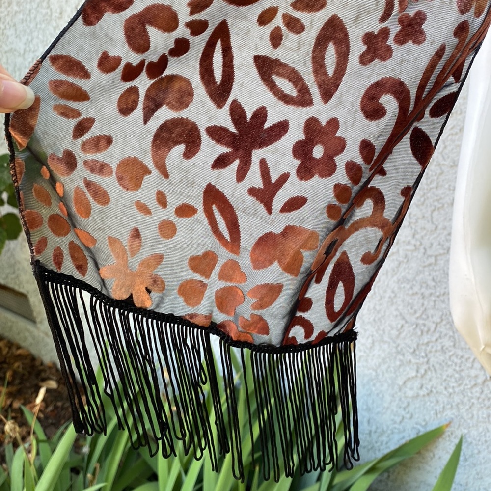 Luxurious Floral Leaf Orange Velvet Shapes Autumn Fall Black Mesh Fringe Scarf